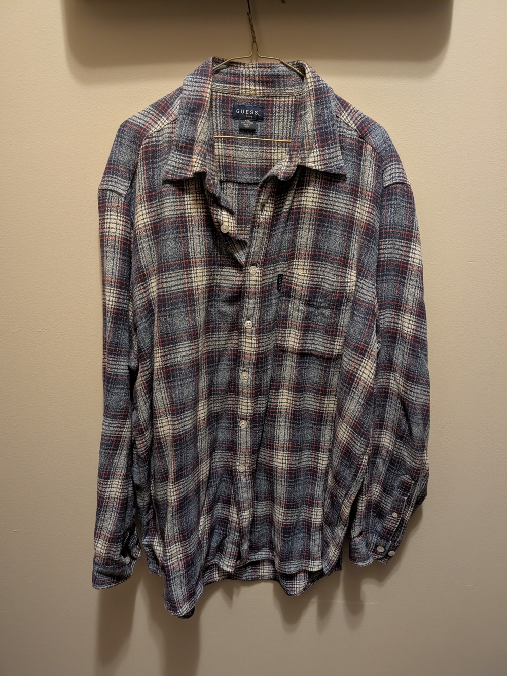 GUESS Men's Blue and Cream Plaid Button-Down Shirt